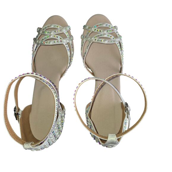 Satin & Leather Bridal / Ballroom Dance Heels Pearls & Rhinestones Sz 8 - Picture 3 of 9